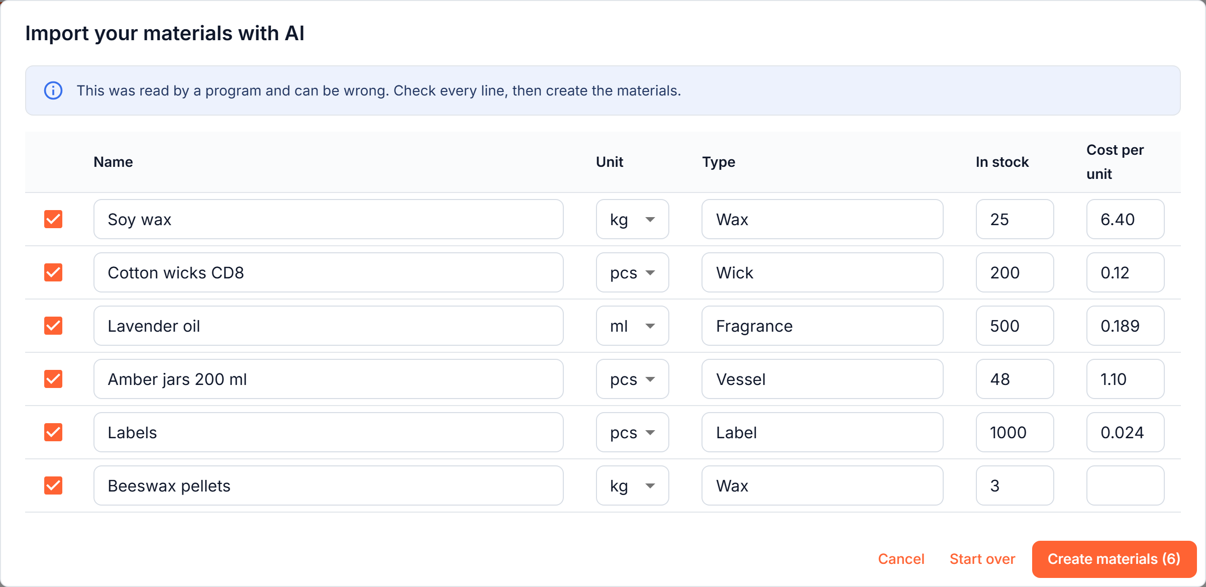 A pasted stock list read into materials with units, types, quantities and prices