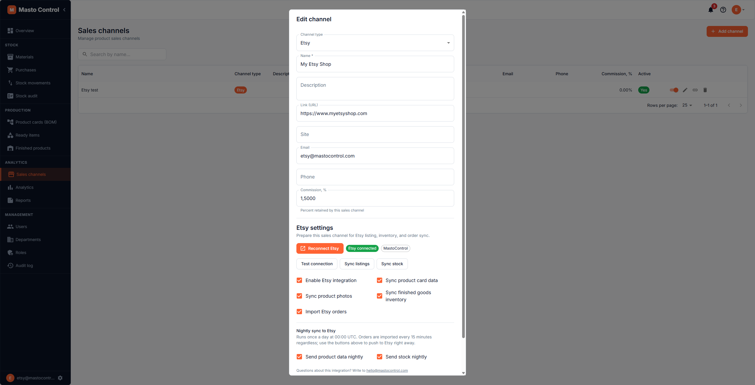 Masto Control sales channel settings showing a connected Etsy shop