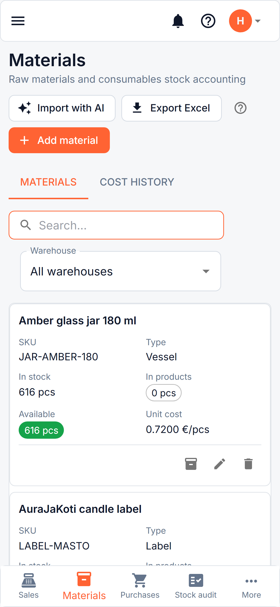 The materials list on a phone, as cards