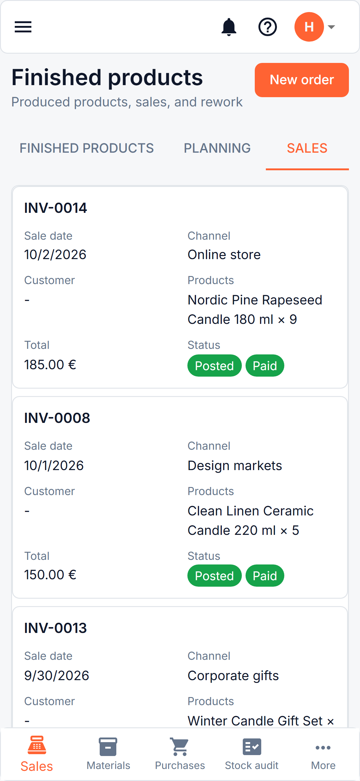Sales orders on a phone as cards, with the bottom navigation bar